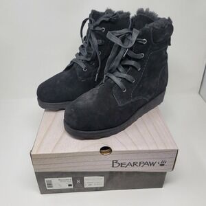 BEARPAW Phoebe Suede LaceUp Winter Hiking‎ Boots Sheepskin Black Sz 8W Neverwet